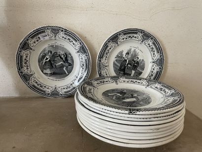 null Deux séries d'assiettes à décor imprimé en grisaille, XIXème siècle.
