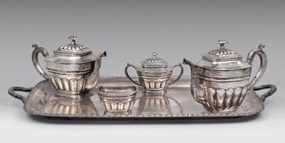 null Tea service and tray in plain silver 925 thousandths with decoration of gadroons,...
