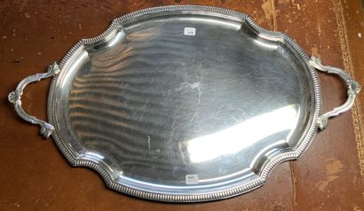 null Serving tray with shell handles in silver plated metal with contours underlined...