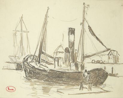null Maximilien LUCE (1858 - 1941)
Bateau de pêche à quai
Dessin à l'encre sur traits...