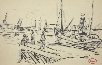 null Maximilien LUCE (1858 - 1941)
Au port, pêcheurs sur un ponton
Dessin à l'encre...