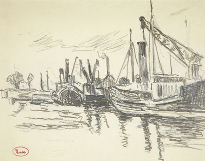 null Maximilien LUCE (1858 - 1941)
Au port, bateaux à quai
Dessin à l'encre sur traits...