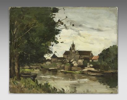 null Antoine GUILLEMET (1843-1918)
Barques sur la rivière devant le village
Huile...