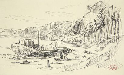 null Maximilien LUCE (1858 - 1941)
Rolleboise, moored barge
Ink drawing on pencil...