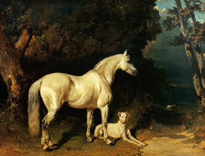 Alfred DE DREUX (1810-1860), Cheval gris et lévrier au repos dans un paysage
