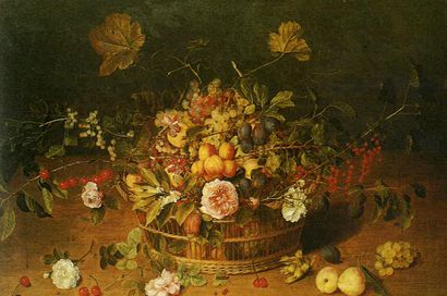 Jacob van HULSDONCK (1582-1647), Corbeille de fruits et de fleurs posée sur un entablement....