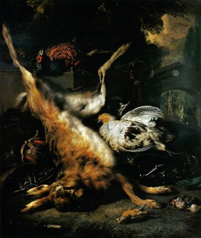 Jan WEENIX (1642-1719), Nature morte au lièvre, perdrix, faisan et accessoires de chasse