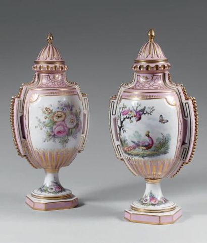 PARIS Paire de vases couverts sur piédouche, décor polychrome dans le goût de Sèvres,...