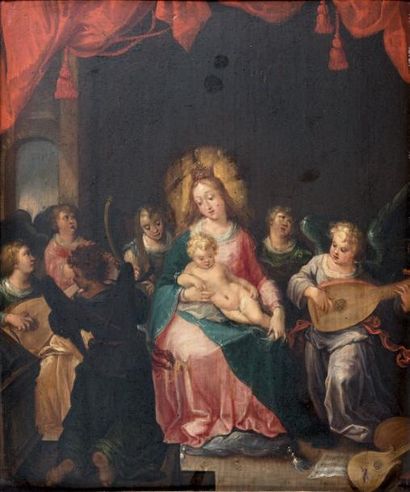 Attribué à Frans FRANCkEN (1581-1642) La Vierge et l'Enfant Jésus entourés d'anges...