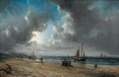 ÉCOLE HOLLANDAISE du XIXe siècle Bateaux près d'une côte et personnages huile sur...