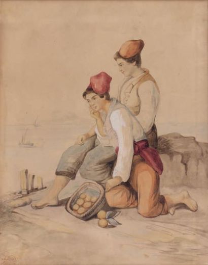 ÉCOLE FRANÇAISE du XIXe siècle Deux jeunes napolitaines Crayon, aquarelle, monogrammé...