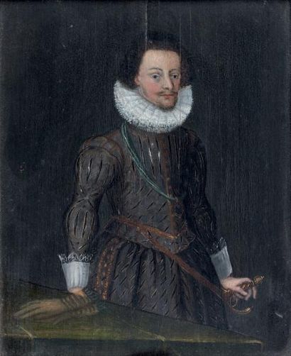 ÉCOLE FLAMANDE du XVIIe siècle Portrait d'officier appuyé sur une table huile sur...