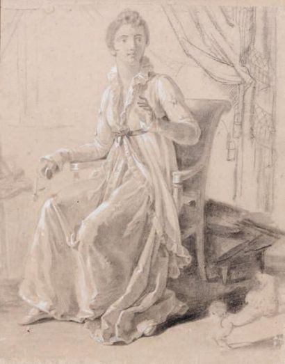 ÉCOLE FRANÇAISE du début du XIXe siècle Portrait de femme assise Pierre noire, estompe,...