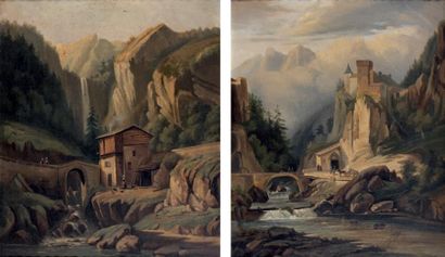 ÉCOLE FRANÇAISE du XIXe siècle Paysages montagneux Deux huiles sur toile formant...