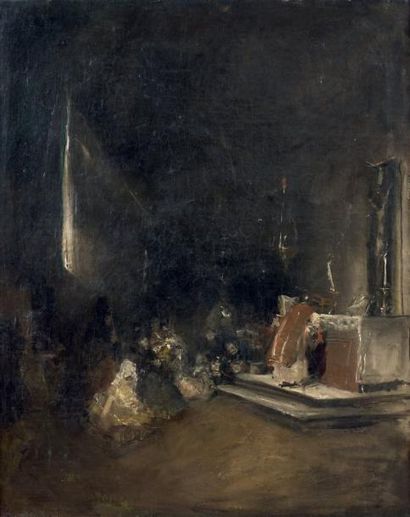 Attribué à Eugenio LUCAS (1827-1870) Messe basse huile sur toile. 88,5 x 71 cm Cadre...