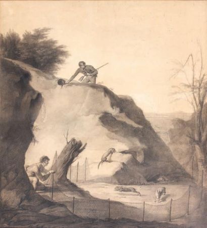 Alexis Nicolas NOEL (1792-1871) Chasse aux lapins avec des furets dans une carrière...