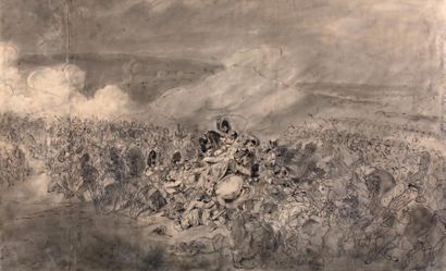 ÉCOLE FRANÇAISE du XIXe siècle Scène de bataille Plume et lavis. 49 x 80 cm