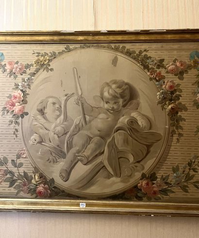 null Ecole française du XIXème siècle :

"Amours".

Huile sur toile, dessus de porte.

66...