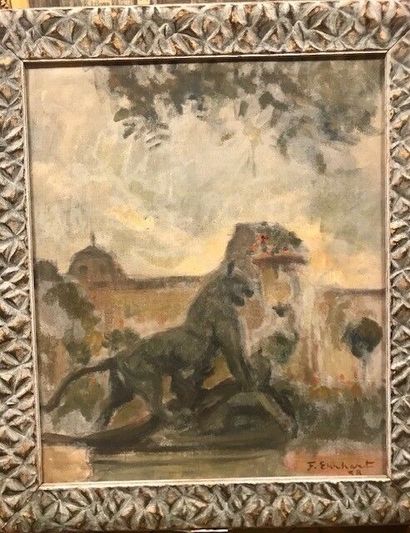 null François EHRHART : Lion en bronze devant une façade , huile sur toile signée...