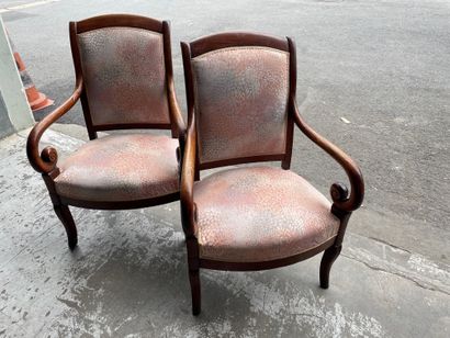 null Suite of 5 chairs in blackened wood Napoleon III and pair of armchairs, armrests...