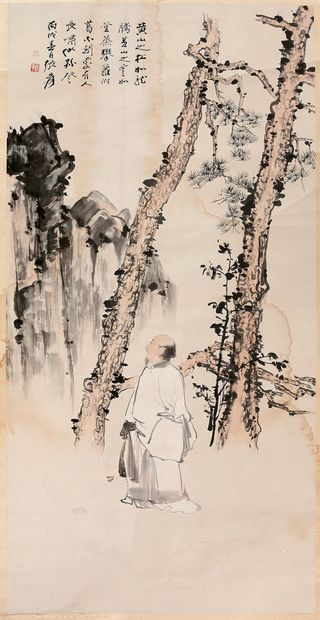 CHINE - XXe siècle Ink and colors on paper, vertical scroll, scholar under a pine...