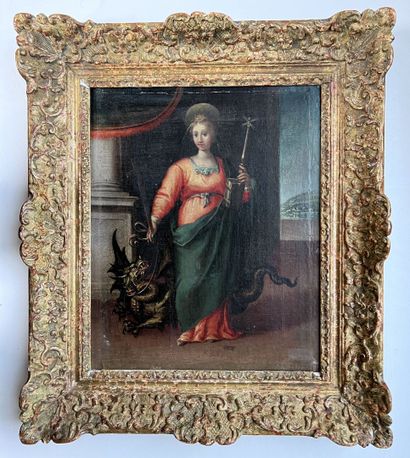 null École du XVIIe siècle
"Sainte Marguerite"
Huile sur toile, avec tasseaux d'agrandissement.
(Rentoilage)
41...