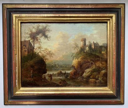 null XIXth century ECOLE
"Landscape with walkers near a dam".
Oil on canvas.
23,5...