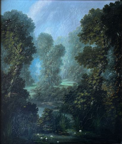 null École Française du XIXe siècle
"Vues de forêts près d'une rivière"
Deux huiles...
