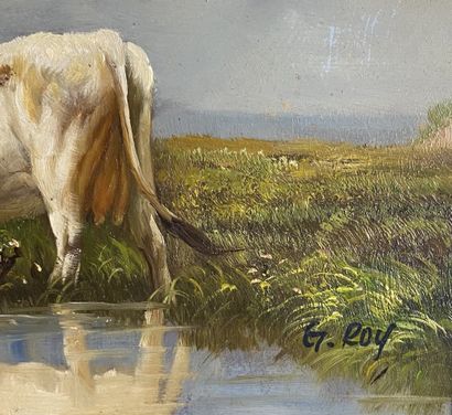null MODERN SCHOOL
Cows drinking
Oil on panel, bears a signature G. ROY towards the...