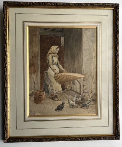 null 19th century COPYRIGHT
Young farmer feeding her chickens
Watercolor. 
35 x 26...