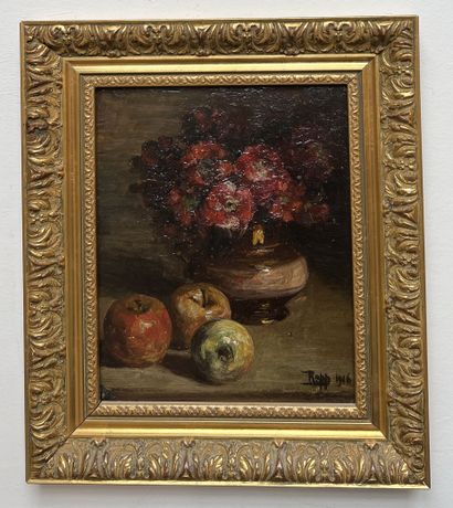 null ECOLE of the XIXth century
Still life with apples and flowers
Oil on cardboard,...