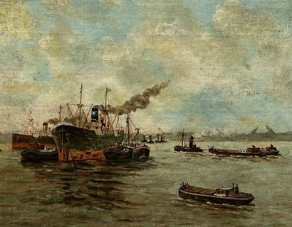null MODERN SCHOOL
Steamers and Tugs
Oil on canvas mounted on panel, signed lower...