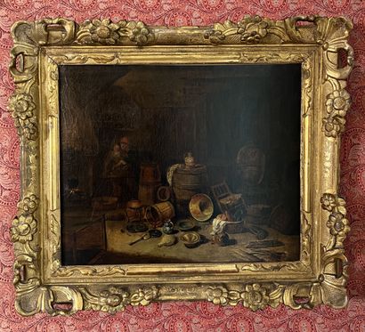 null École Hollandaise du XIXe siècle
"Scène de cuisine"
Huile sur toile. 
(Rentoilage,...