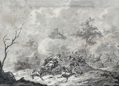 null Attribué à Jan Anthonie LANGENDYK (1780-1818)
"Scène de bataille à cheval"
Encre...