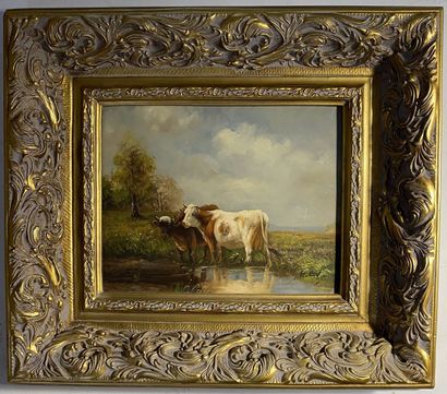 null MODERN SCHOOL
Cows drinking
Oil on panel, bears a signature G. ROY towards the...