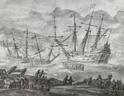 null École Hollandaise XVIIe siècle
"Marines"
Deux dessins à l'encre et lavis sur...