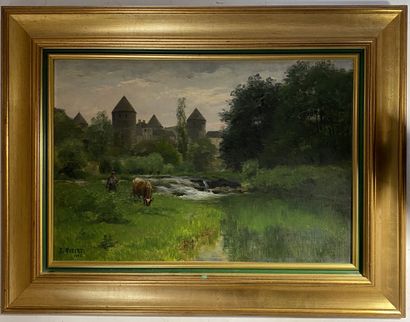 null ÉCOLE du XIXème siècle
Paysanne et sa vache, 1893
Huile sur toile, porte une...