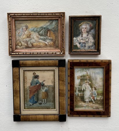 null SUITE DE TROIS MINIATURES à la gouache figurant des scènes galantes, nu féminin...