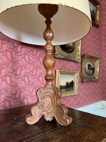 null Turned wooden CIERGE PIC with a tripod base. 
Louis XIV style.
H. 60 cm (without...
