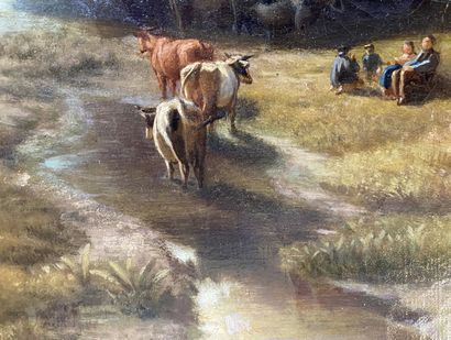 null XIXth century COPY
Herd at the pond
Oil on canvas of oval shape, bears a signature...