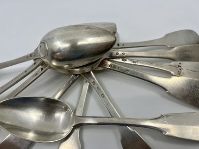 null SET OF 11 LARGE silver spoons. Various models, some monogrammed on the spatula.
Marked...