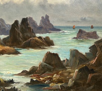 null Raymond BLOSSIER (20th century)
"Rocky coast, in the distance two red sails".
Oil...