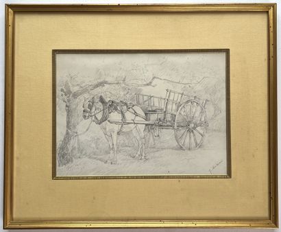 null J. ANDRIANI
Harnessed donkey
Horse drawn
Two drawings in black pencil, signed...
