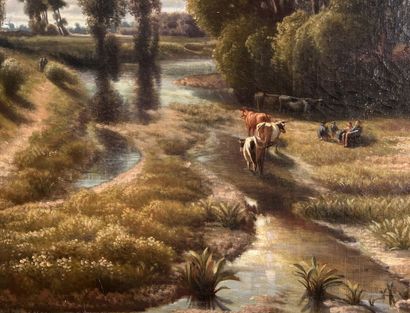 null XIXth century COPY
Herd at the pond
Oil on canvas of oval shape, bears a signature...