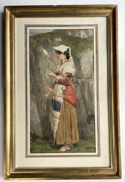 null ÉCOLE du XIXème siècle
Napolitaine à sa quenouille
Aquarelle. 
41 x 21 cm.

---
ENLÈVEMENT...