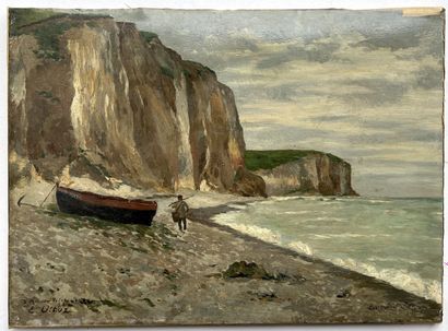 null E. OTTOZ (XIX-XX)
Les Petites Dalles, pêcheur sur la plage en bord de falaise
Huile...