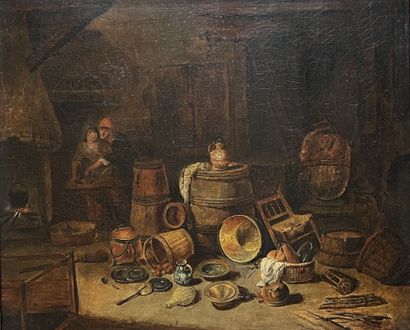 null École Hollandaise du XIXe siècle
"Scène de cuisine"
Huile sur toile. 
(Rentoilage,...