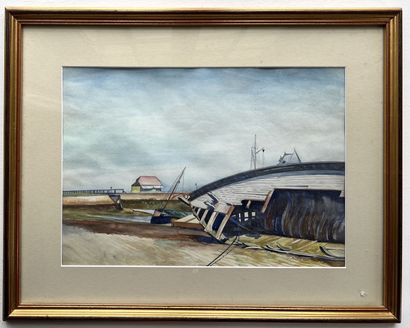 null ROB DUFLOS (?)
Barques de pêche à marée basse, 1921
Deux aquarelles gouachées,...