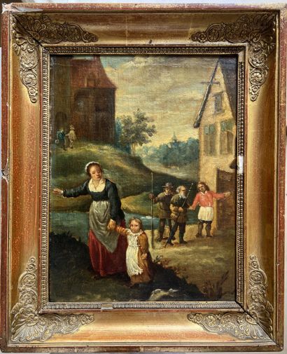 null École Allemande du XVIIIe siècle
"Scène de village"
Huile sur toile.
36 x 27...