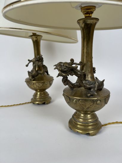 null CHINA
PAIR OF VASES in gilt bronze and brass decorated with a dragon moving...